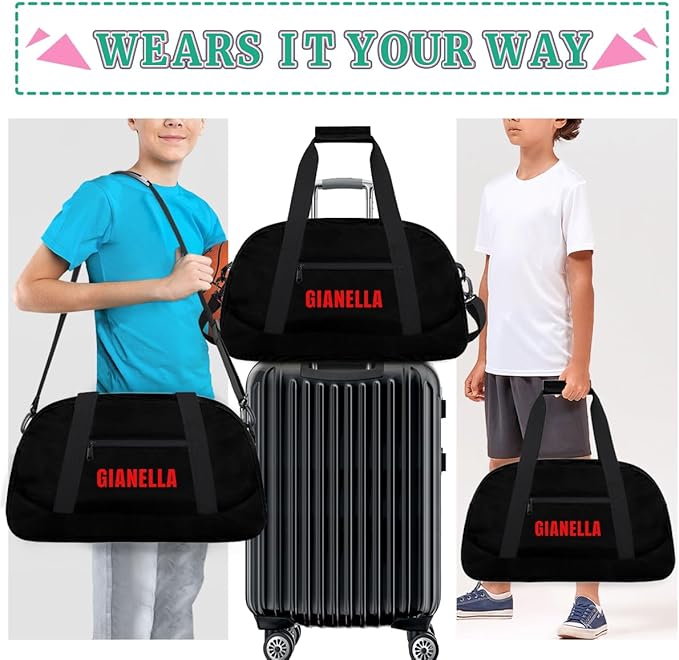 Black Personalize Kids Duffel Bag With Custom Name Text Carry-On Overnight Travel Gym Lightweight Dance Sports Bags For Boys Girls Kids