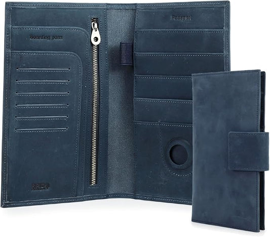CONTACTS Full Grain Leather Family Passport Holder for 4 RFID Blocking Passport Wallet Compatible with Airtag Passport Cover with 4 Passport Slot, 6 Card Slot (Blue)
