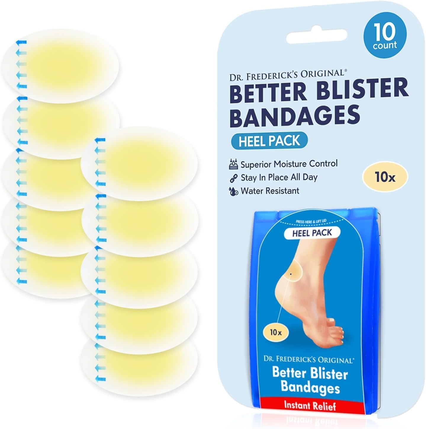 Dr. Frederick's Original Better Blister Bandages - 10 ct - Water-Resistant - 40% More Cushioning - Hydrocolloid Pads for Foot & Heel Protection & Recovery - Blister Relief Pads - Heel Pack