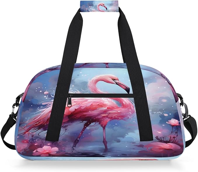 Gym Bag for Women Men, Pink Flamingo In Water Travel Duffle Bags for Dance Ballet Overnight, Carry-On Weekender Bag with Detachable Shoulder Strap