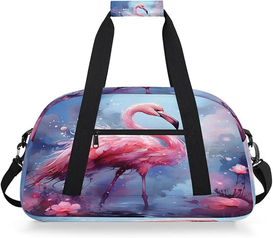Gym Bag for Women Men, Pink Flamingo In Water Travel Duffle Bags for Dance Ballet Overnight, Carry-On Weekender Bag with Detachable Shoulder Strap