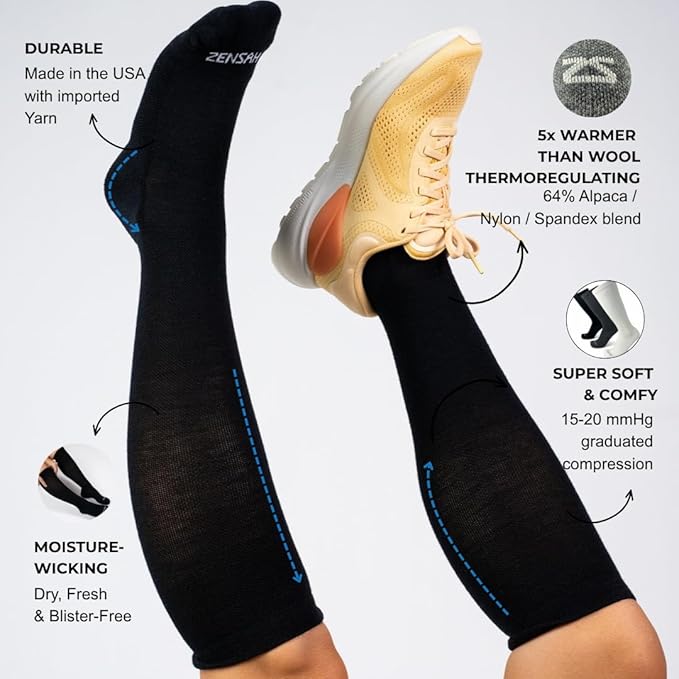Zensah Alpaca Compression Socks (15–20 mmHg) for Running, Travel & Daily Support – Knee High – Made in USA