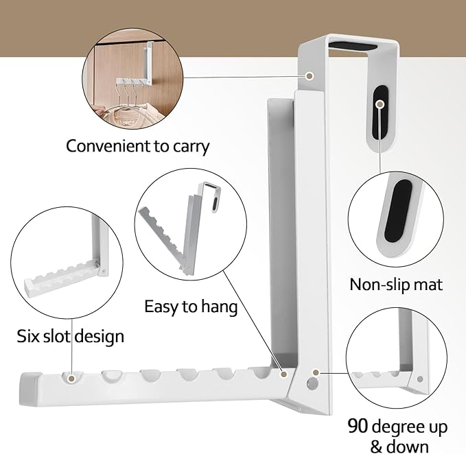 Uenhoy Foldable Over The Door Hanger Hooks for Clothes, Collapsible Folding Over The Door Drying Rack for Laundry Dorm Bedroom, Portable Clothing Coat Rack Overdoor Hanger, White