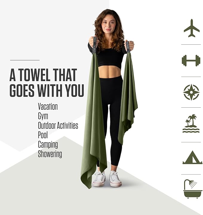 VENTURE 4TH Quick Dry Towel. Microfiber Travel Towel Ideal for Camping, Hiking, Backpacking, Gym. Lightweight & Fast Drying Travel Towels for Body. Compact & Easy to Pack - Army Green Large