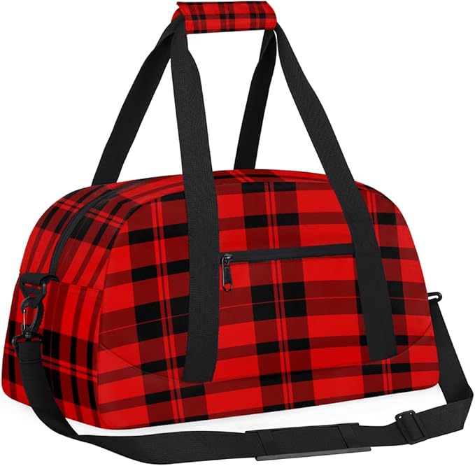 Gym Bag for Women Men, Red And Black Checkered Patterns Travel Duffle Bags for Dance Ballet Overnight, Carry-On Weekender Bag with Detachable Shoulder Strap