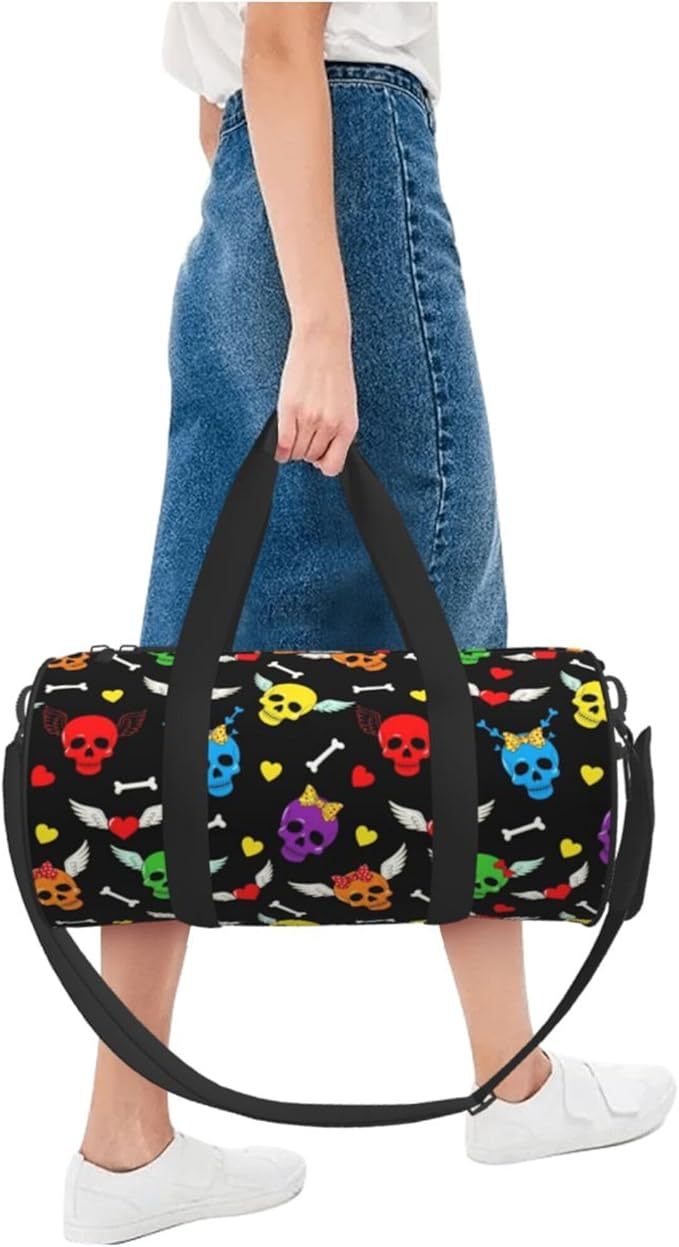 Duffle Bag Lightweight Unisex Carry On Small Gym Bag Sports & Travel Duffel Bags Colorful Funny Cartoon Skulls Love Hearts for Men and Women