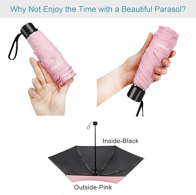 TradMall Mini Travel Umbrella, Portable Lightweight Compact Parasol with 95% UV Protection for Sun & Rain