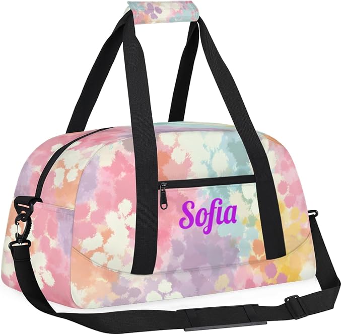 Custom Name Girl Gym Travel Duffle Bag with Front Zipper Pocket Personalizedfor Sports Bag for Overnight, Weekender, Carry On,Workout & Dance, 18.9 * 8.7 * 10.6 in,Yellow Pink Gray