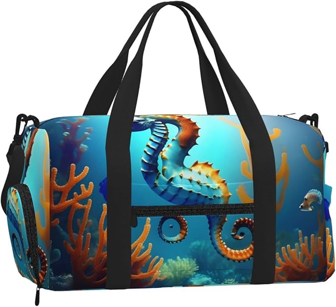 Seabed coral seahorse Print Gym Bag with Shoe Compartment for Women Men, 17.7in Sports Duffle Weekender Tote, Overnight Travel Duffel Bag Carry On