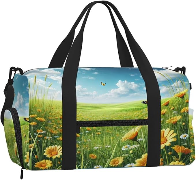 Sunny Meadow Print Gym Bag with Shoe Compartment for Women Men, 17.7in Sports Duffle Weekender Tote, Overnight Travel Duffel Bag Carry On