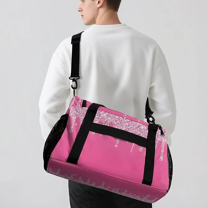 Pink Bling Print Personalized Duffle Travel Bag Custom Duffel Bag with Printed Sports Bag with Name Weekend Overnight