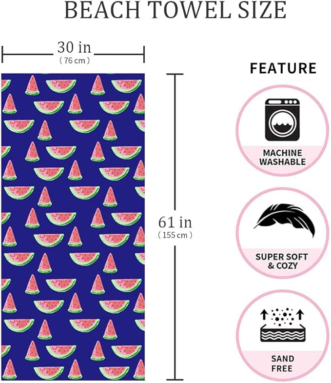 2 Pack Microfiber Beach Towel Set Oversized Large Quick Dry Soft Sand Free Cute Watermelon Design 30×60 inch Beach Towels for Kids Women Men Pool Swim Beach Essentials Accessories -Blue