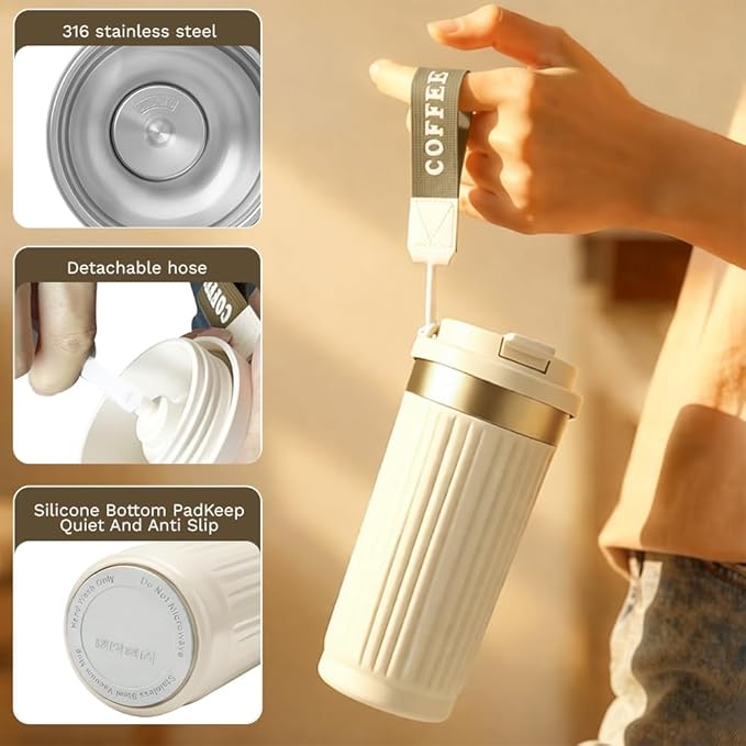 Vacuum-Insulated Stainless Steel Travel Coffee Mug, Leak-Proof Reusable Coffee Cup with Lid-Keeps Drinks Hot & Cold for Hours, Durable Double Wall Tumbler for Men & Women (5th-White, 18OZ)