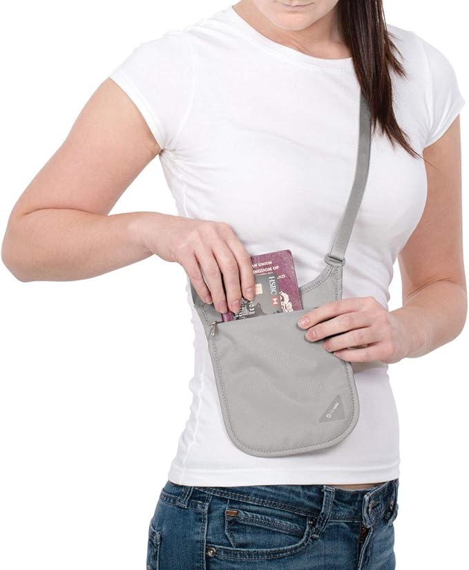 Pacsafe Coversafe V75 Anti-Theft RFID Blocking Passport Holder & Neck Pouch/Wallet - Fits up to Four Passports (or iPhone X) plus Credit Cards, for Women & Men (Neutral Grey)