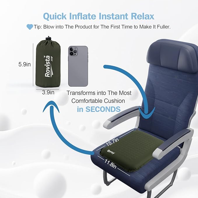 Self-Inflating Airplane Seat Cushion for Long Flights – Portable Travel Cushion Airplane Seat - Memory Foam Travel Seat Cushion Providing Pressure Relief (Olive Green, 15.7" x 11.8" x 2")