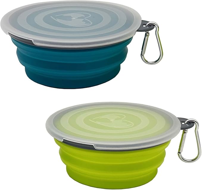 Small Collapsible Dog Bowl 12oz,2 Pack Portable and Foldable Pet Travel Bowls with 2 Carabiners & Lids for Dogs Cats and Small Animals (Blue+Green+Grey, 350ml)