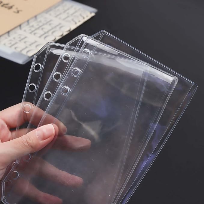 AxeWoodz 12pcs A6 Binder Pockets Clear PVC Double Side 2 Pockets Binder Pouches 6 Hole Zipperless Side Open Cash Envelopes for Bills Money Organizer