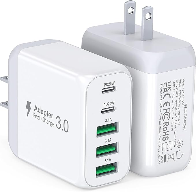 USB C Wall Charger Block, 2Pack 50W 5-Port C Charger Fast Charging Block PD Power Adapter +QC 3.0 Multiport Type C Box Brick Cube USB A Wall Plug for iPhone 15/16/17 Pro Max Plus, iPad,Samsung Galaxy