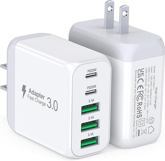 USB C Wall Charger Block, 2Pack 50W 5-Port C Charger Fast Charging Block PD Power Adapter +QC 3.0 Multiport Type C Box Brick Cube USB A Wall Plug for iPhone 15/16/17 Pro Max Plus, iPad,Samsung Galaxy