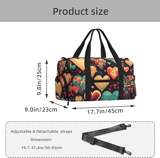Colorful hearts Print Gym Bag with Shoe Compartment for Women Men, 17.7in Sports Duffle Weekender Tote, Overnight Travel Duffel Bag Carry On