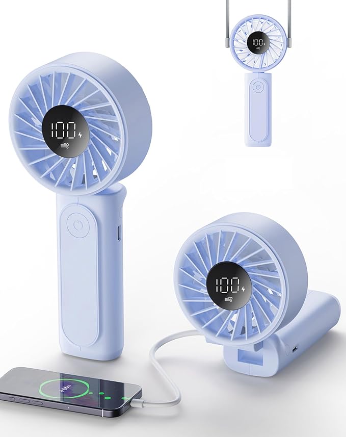 Portable Fan, 4000mAh Rechargeable, 180° Foldable Mini Desk Fan with 6 Wind Speed, LCD Digital Display, Lanyard as Neck Fan, Ultra Quiet, Pocket Size for Indoor Outdoor