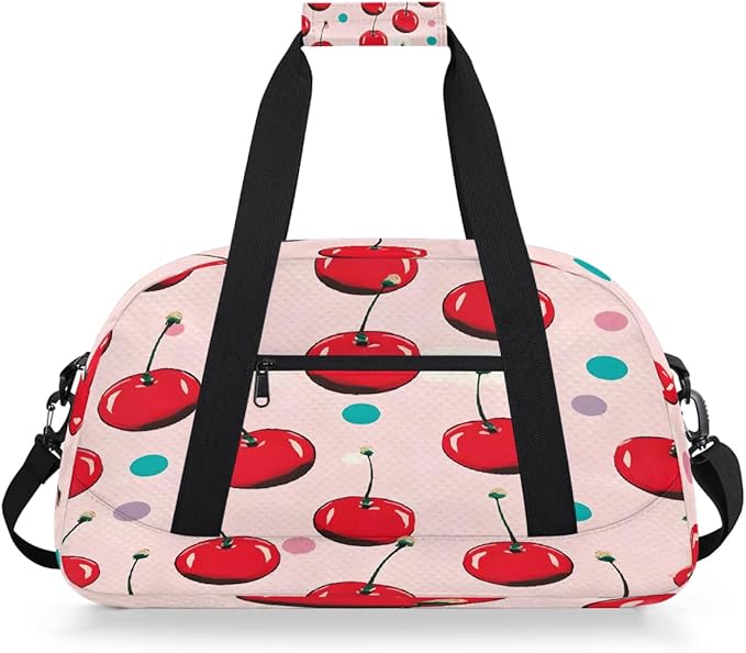 Duffle Bag for Women Men, Polka Dot Cherry Pattern Gym Bag for Travel Sports, Lightweight Waterproof Weekender Overnight Bags with Adjustable Strap
