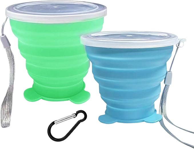 2 Pcs Collapsible Cups, Silicone Collapsible TravelCup, Expandable Folding Camping Drinking Cup with Lids Reusable Small Portable Mugs-Cup for Travel, Camping, Hiking,Outdoors (sky blue&grass green)