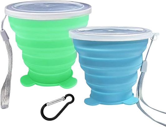 2 Pcs Collapsible Cups, Silicone Collapsible TravelCup, Expandable Folding Camping Drinking Cup with Lids Reusable Small Portable Mugs-Cup for Travel, Camping, Hiking,Outdoors (sky blue&grass green)