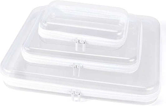 Clear Hard Shell Zipper Case, Clear Zipper Pouches Waterproof Makeup Organizer & Travel Toiletry Storage Bag, Plastic Pouch for Office, Home, White,3 Pack XL LS