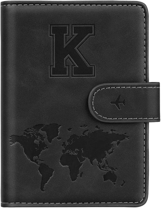 Passport Holder Wallet Cover Personalized Letter A-Z Travel Wallet RFID Blocking Passport Cover Wallet Case for Travel Passport Book Holders for Women and Men, Black-K