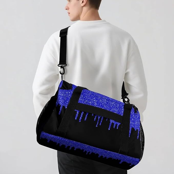 Handheld Crossbody Multifunctional Travel Bags, Personalized Duffle Bags, Sparkle Navy Blue Glitter Print Luggage Bag, Custom Name Weekender Overnight Bags