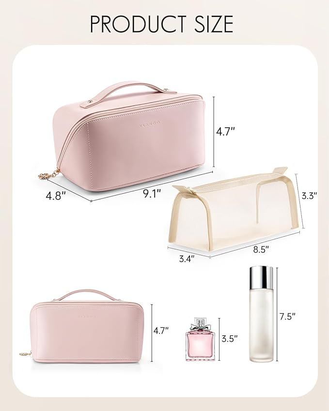 VLANDO Makeup Bag,Travel Toiletry Bag,Cosmetic Bag for Women PU Leather Portable Make up Bag for Skincare, Brushes & Travel Essentials-Pink