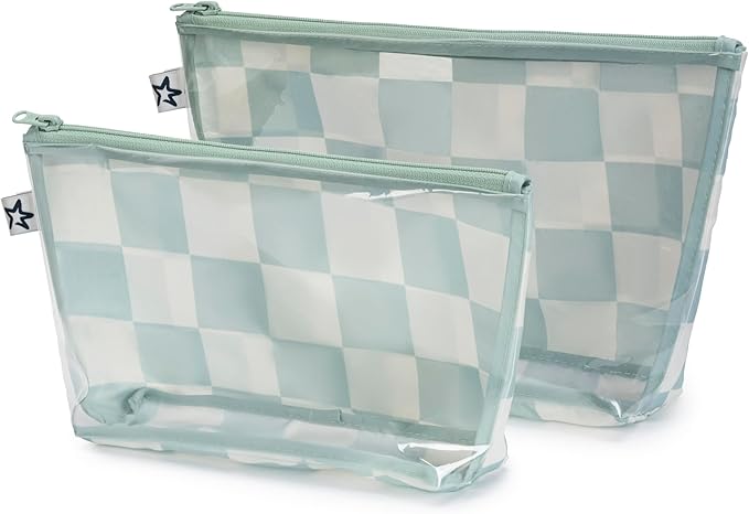 Tiny Twinkle Diaper Bag Organizing Pouches | 2 Pack Mess-Proof Travel Organizer Bags with Structured Bottom & Clear Front | TSA Approved Toiletry Bag Set for Baby and Mom Essentials (Sage Checkers)