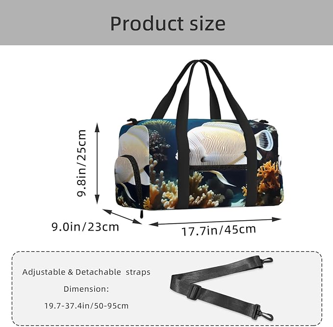 White-golden fish Print Gym Bag with Shoe Compartment for Women Men, 17.7in Sports Duffle Weekender Tote, Overnight Travel Duffel Bag Carry On