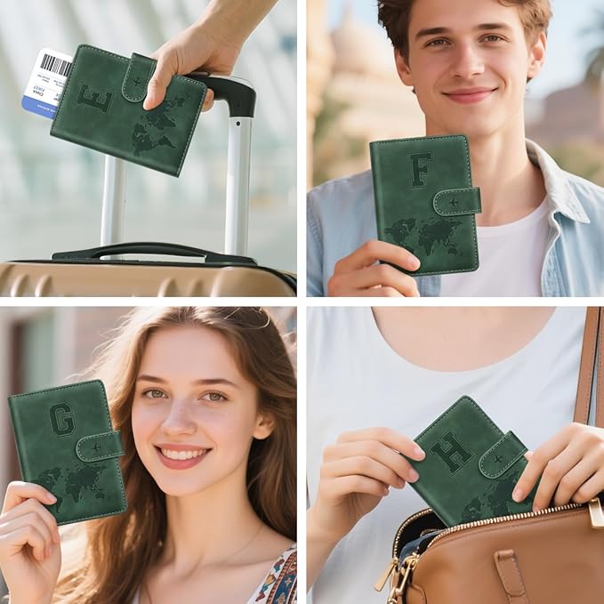 Personalized F Passport Holder Cover Initial Letter Travel Wallet RFID Blocking Passport Cover Credit Card Holder Case Passport Book Holders for Women and Men, Pine Green-F