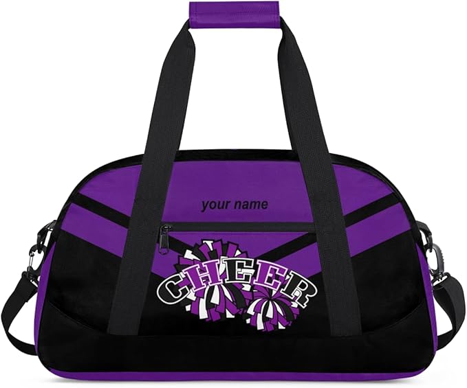 Custom Name Black Purple Cheerleading Squad Gym Travel Duffle Bag with Front Zipper Pocket Personalizedfor Sports Bag for Overnight, Weekender, Carry On,Workout & Dance, 18.9 * 8.7 * 10.6 in