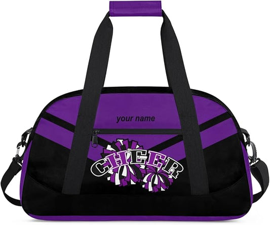 Custom Name Black Purple Cheerleading Squad Gym Travel Duffle Bag with Front Zipper Pocket Personalizedfor Sports Bag for Overnight, Weekender, Carry On,Workout & Dance, 18.9 * 8.7 * 10.6 in