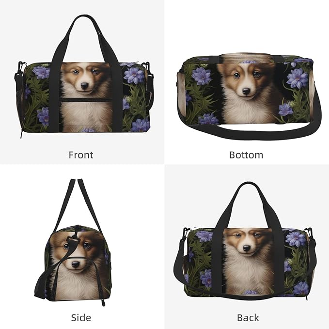 Sports Gym Bag Purple Flowers Cute Dog Travel Duffel Bag With Shoe Compartment Shoulder Strap, Lightweight Water-Resistant Weekend Overnight Totes For Women Men