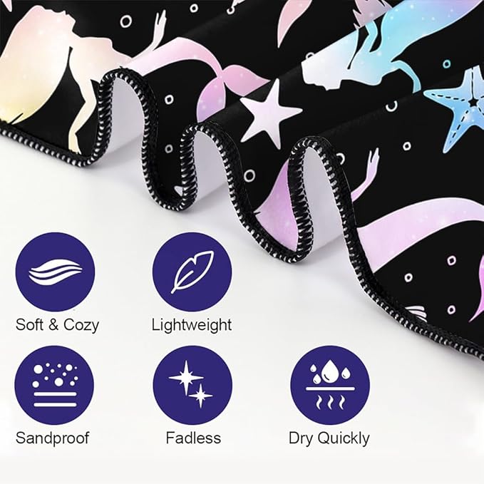 Mermaid Silhouette Beach Towel 36"x72" Quick-Dry Soft Microfiber with Starfish Seahorse Pattern Black Background