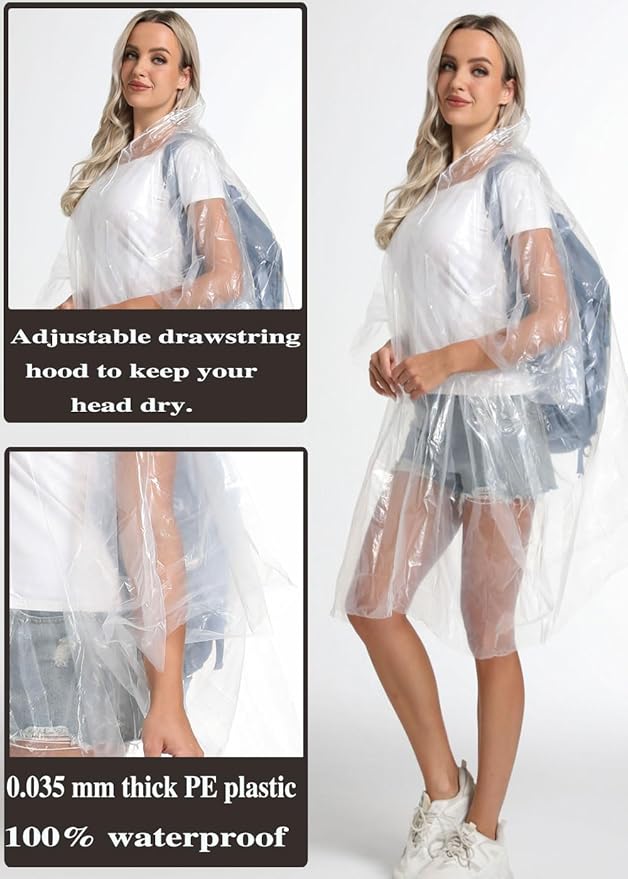 Disposable Adults Clear Rain Ponchos,Transparent White Waterproof Raincoats Rain Jackets