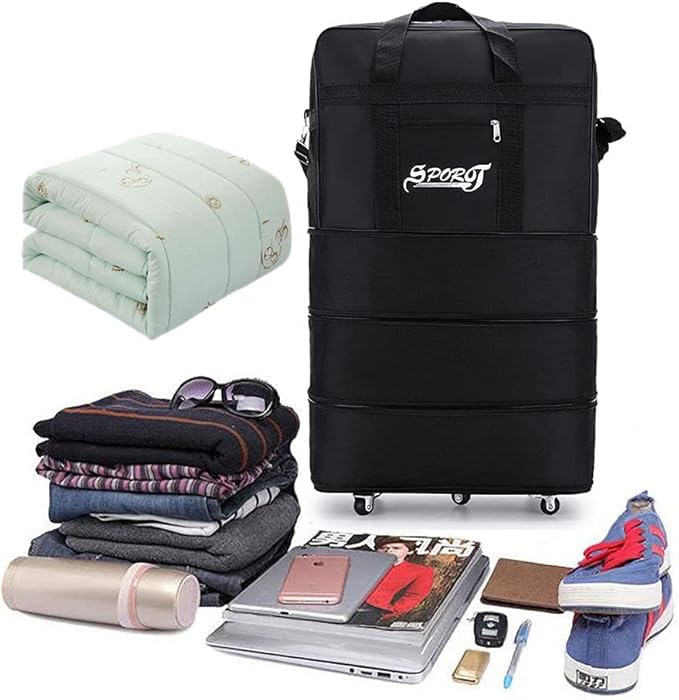 Expandable Extra Large Travel Oxford Duffel Bag with Wheels Waterproof Lightweight Traveling Foldable Suitcase (Black, L)