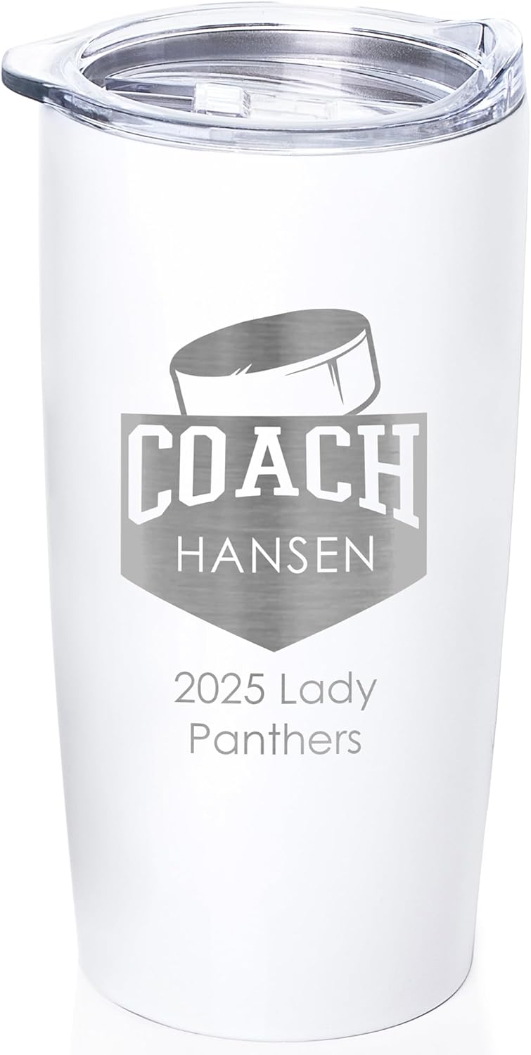 Lifetime Creations Personalized Hockey Coach Tumbler: Custom Hockey Coach Gift, Coaches Coffee Travel Mug from Team, Insulated Engraved Stainless Steel 20 Ounce Cup (White)