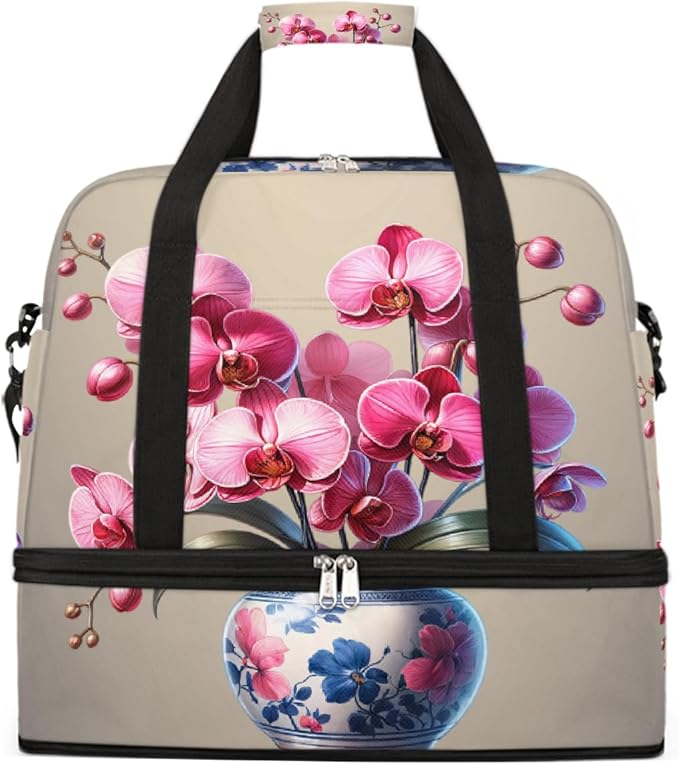 Pink Flowers Large Weekender Bag with Shoe Compartment Travel Duffel Bags for Women Carry On Hospital Overnight Bag Foldable Personal Item Travel Bags Tote Gym Sports Airplanes
