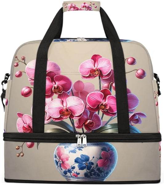 Pink Flowers Large Weekender Bag with Shoe Compartment Travel Duffel Bags for Women Carry On Hospital Overnight Bag Foldable Personal Item Travel Bags Tote Gym Sports Airplanes