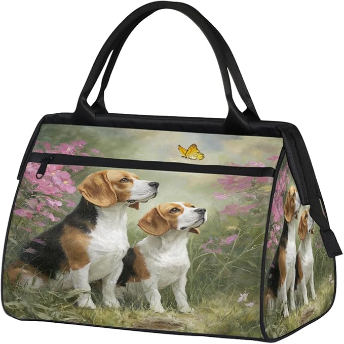 Travel Duffel Bag, Two Cute Beagle Dogs Floral Waterproof Sports Gym Duffle Bag, Large Capacity Weekender Carry On Overnight Bags for Women Men