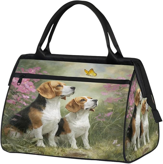 Travel Duffel Bag, Two Cute Beagle Dogs Floral Waterproof Sports Gym Duffle Bag, Large Capacity Weekender Carry On Overnight Bags for Women Men