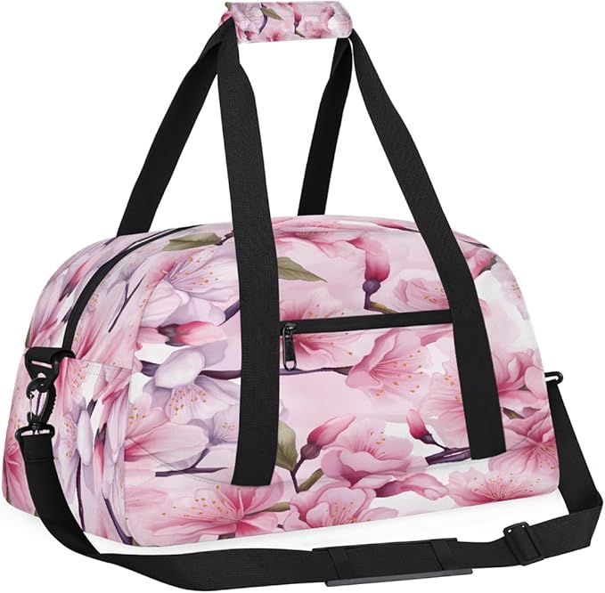 Gym Bag for Women Men, Pink Cherry Blossom Pattern Travel Duffle Bags for Dance Ballet Overnight, Carry-On Weekender Bag with Detachable Shoulder Strap
