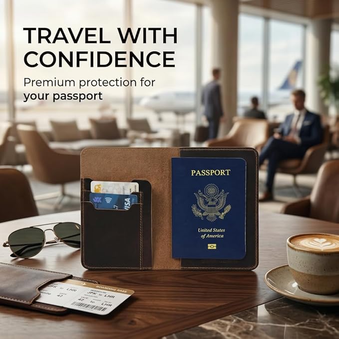 Rustique Leather Passport Holder Collection - Handmade Travel Wallet & Organizer - Full Grain Crazy Horse Leather Covers for Men & Women (Multiple Styles) (Vertical Wallet - Smoky Bourbon)