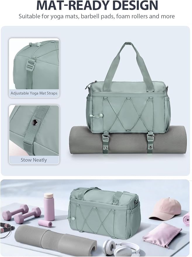 Small Gym Bag for Women with Yoga Mat Holder and Wet Compartment, Mini Gym Duffle Bag Yoga Bag with Water Bottle Pocket for Workout Travel, Green