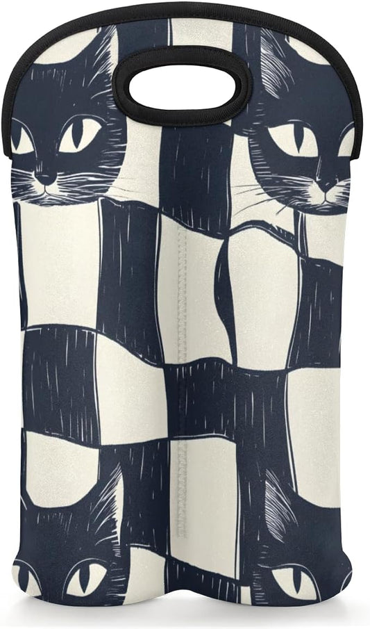 Neoprene Wine Tote, Bottle Carrier Gag Insulating Neoprene Thicker, Insulated Wine Bag for Travel Holds Two Bottles, Bottle Carrier Bags Protect the Bottles, Checkered Cat